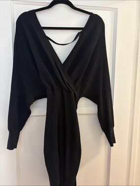 Black Ribbed Long Sleeve Wrap Dress Bacio
